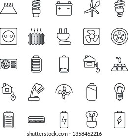 Thin Line Icon Set - bulb vector, ripper, battery, low, charge, desk lamp, heater, air conditioner, home control, socket, power plug, fan, warm floor, energy saving, windmill