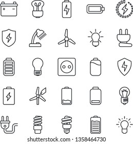Thin Line Icon Set - bulb vector, battery, low, protect, charge, desk lamp, windmill, socket, power plug, energy saving, idea