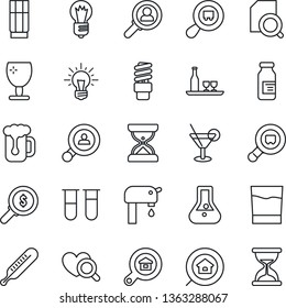 Thin Line Icon Set - bulb vector, blood test vial, thermometer, heart diagnostic, ampoule, fragile, search cargo, document, water supply, estate, client, alcohol, drink, cocktail, beer, consumer