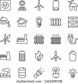 Thin Line Icon Set - bulb vector, factory, fire, oil barrel, battery, low, torch, sun panel, windmill, heater, home control, eco house, socket, power plug, radiator, idea