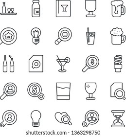 Thin Line Icon Set - bulb vector, heart diagnostic, ampoule, fragile, search cargo, document, estate, client, alcohol, wine card, drink, cocktail, phyto bar, beer, energy saving, consumer, money