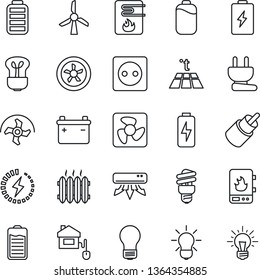 Thin Line Icon Set - bulb vector, ripper, battery, rca, charge, heater, air conditioner, home control, socket, power plug, fan, water, warm floor, energy saving, windmill, idea