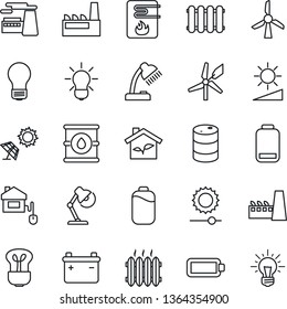 Thin Line Icon Set - bulb vector, factory, oil barrel, low battery, brightness, desk lamp, heater, home control, eco house, water, radiator, sun panel, windmill, idea