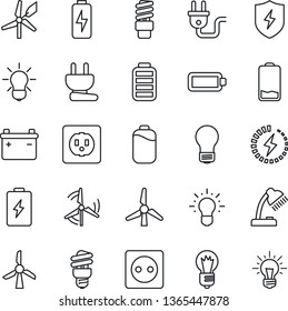 Thin Line Icon Set - bulb vector, battery, low, protect, charge, desk lamp, windmill, socket, power plug, energy saving, idea