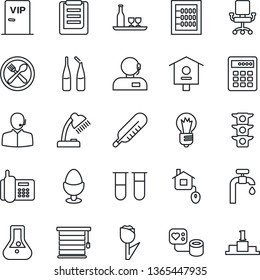 Thin Line Icon Set - bulb vector, bird house, blood pressure, test vial, thermometer, ampoule, traffic light, office phone, clipboard, tulip, abacus, support, desk lamp, water supply, alcohol, cafe