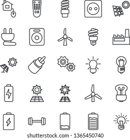Thin Line Icon Set - bulb vector, barbell, remote control, speaker, battery, low, rca, charge, sun panel, windmill, factory, home, socket, power plug, energy saving, gear, idea