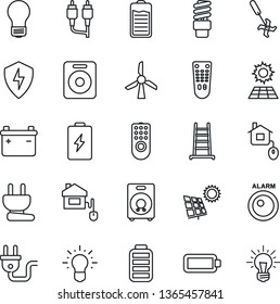 Thin Line Icon Set - bulb vector, ladder, ripper, remote control, speaker, battery, rca, protect, sun panel, home, power plug, energy saving, windmill, alarm led, idea