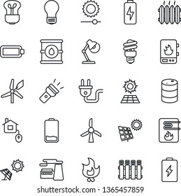 Thin Line Icon Set - bulb vector, factory, fire, oil barrel, low battery, torch, brightness, charge, desk lamp, sun panel, heater, home control, power plug, water, radiator, energy saving, windmill