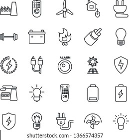 Thin Line Icon Set - bulb vector, factory, ripper, fire, barbell, remote control, low battery, rca, protect, charge, windmill, home, power plug, sun panel, alarm led, idea