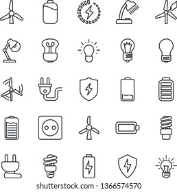 Thin Line Icon Set - bulb vector, battery, low, protect, charge, desk lamp, windmill, socket, power plug, energy saving, idea