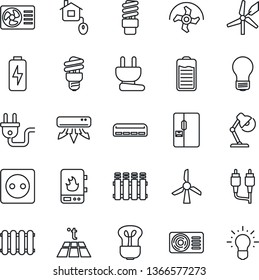 Thin Line Icon Set - bulb vector, ripper, battery, rca, charge, desk lamp, air conditioner, fridge, home control, socket, power plug, water heater, radiator, warm floor, energy saving, windmill