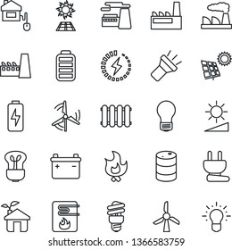 Thin Line Icon Set - bulb vector, factory, fire, oil barrel, battery, torch, brightness, charge, sun panel, windmill, home control, eco house, power plug, water heater, radiator, energy saving, idea
