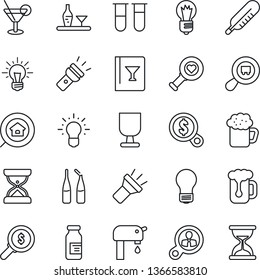 Thin Line Icon Set - bulb vector, blood test vial, thermometer, heart diagnostic, ampoule, fragile, search cargo, torch, water supply, estate, alcohol, wine card, cocktail, beer, consumer, money