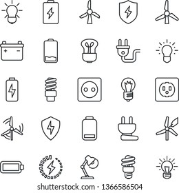 Thin Line Icon Set - bulb vector, low battery, protect, charge, desk lamp, windmill, socket, power plug, energy saving, idea