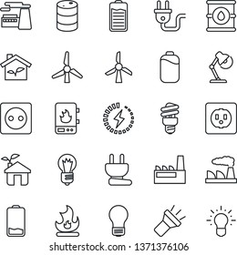 Thin Line Icon Set - bulb vector, factory, fire, oil barrel, battery, low, torch, charge, desk lamp, windmill, eco house, socket, power plug, water heater, energy saving, idea