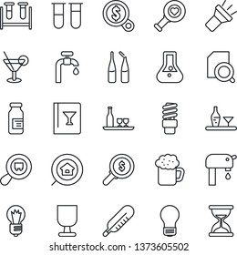 Thin Line Icon Set - bulb vector, blood test vial, thermometer, heart diagnostic, ampoule, fragile, search cargo, torch, document, water supply, estate, alcohol, wine card, cocktail, beer, money