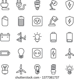 Thin Line Icon Set - bulb vector, battery, low, protect, charge, desk lamp, windmill, socket, power plug, energy saving, idea