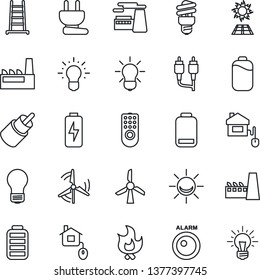 Thin Line Icon Set - bulb vector, factory, ladder, fire, battery, low, rca, charge, windmill, home control, power plug, remote, energy saving, sun panel, alarm led, idea