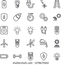 Thin Line Icon Set - bulb vector, ladder, ripper, barbell, remote control, speaker, rca, protect, battery, charge, home, power plug, sun panel, windmill, alarm led, gear, idea