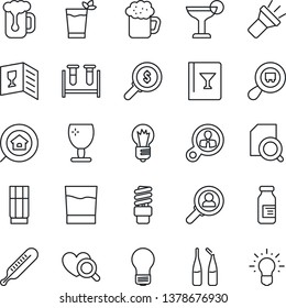 Thin Line Icon Set - bulb vector, blood test vial, thermometer, heart diagnostic, ampoule, fragile, search cargo, torch, document, estate, wine card, drink, cocktail, phyto bar, beer, energy saving