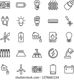 Thin Line Icon Set - bulb vector, ripper, low battery, rca, charge, desk lamp, heater, air conditioner, home control, water, radiator, warm floor, energy saving, windmill