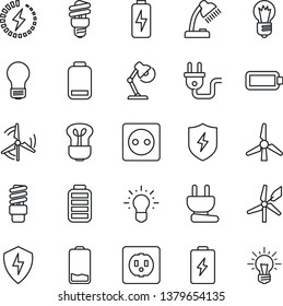 Thin Line Icon Set - bulb vector, battery, low, protect, charge, desk lamp, windmill, socket, power plug, energy saving, idea
