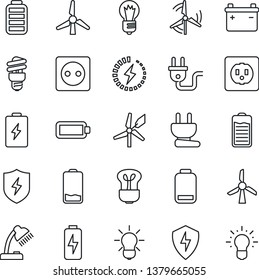 Thin Line Icon Set - bulb vector, battery, low, protect, charge, desk lamp, windmill, socket, power plug, energy saving, idea