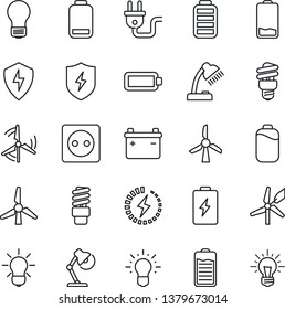 Thin Line Icon Set - bulb vector, battery, low, protect, charge, desk lamp, windmill, socket, power plug, energy saving, idea