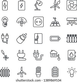 Thin Line Icon Set - bulb vector, ripper, battery, rca, charge, desk lamp, heater, air conditioner, fridge, home control, socket, power plug, fan, water, radiator, warm floor, energy saving, idea