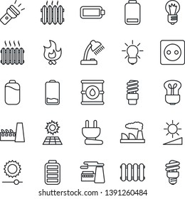 Thin Line Icon Set - bulb vector, factory, fire, oil barrel, battery, low, torch, brightness, desk lamp, sun panel, heater, socket, power plug, radiator, energy saving