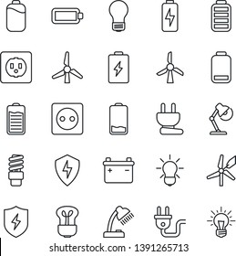 Thin Line Icon Set - bulb vector, battery, low, protect, charge, desk lamp, windmill, socket, power plug, energy saving, idea