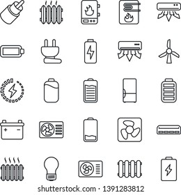Thin Line Icon Set - bulb vector, battery, low, rca, charge, heater, air conditioner, fridge, power plug, fan, water, radiator, windmill