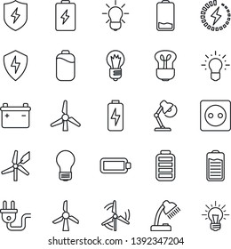 Thin Line Icon Set - bulb vector, battery, low, protect, charge, desk lamp, windmill, socket, power plug, idea