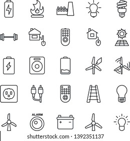 Thin Line Icon Set - bulb vector, ladder, fire, barbell, remote control, speaker, low battery, rca, charge, sun panel, windmill, factory, home, socket, energy saving, alarm led, idea