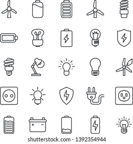 Thin Line Icon Set - bulb vector, battery, low, protect, charge, desk lamp, windmill, socket, power plug, energy saving, idea