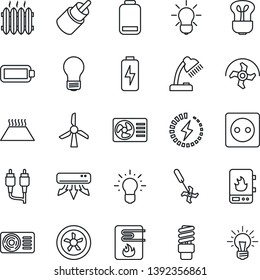 Thin Line Icon Set - bulb vector, ripper, low battery, rca, charge, desk lamp, heater, air conditioner, socket, fan, water, warm floor, energy saving, windmill, idea