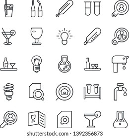 Thin Line Icon Set - bulb vector, blood test vial, thermometer, ampoule, fragile, document search, water supply, estate, client, alcohol, wine card, cocktail, phyto bar, energy saving, consumer