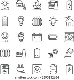 Thin Line Icon Set - bulb vector, factory, fire, oil barrel, battery, low, brightness, charge, desk lamp, heater, home control, eco house, socket, power plug, water, radiator, energy saving