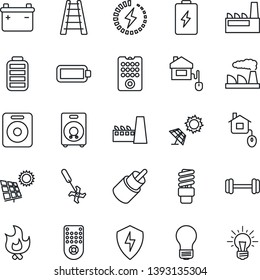 Thin Line Icon Set - bulb vector, factory, ladder, fire, ripper, barbell, remote control, speaker, battery, rca, protect, charge, sun panel, home, energy saving, idea