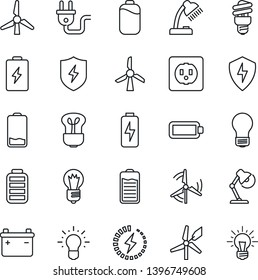 Thin Line Icon Set - bulb vector, battery, low, protect, charge, desk lamp, windmill, socket, power plug, energy saving, idea