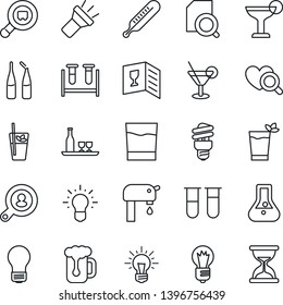 Thin Line Icon Set - bulb vector, blood test vial, thermometer, heart diagnostic, ampoule, search cargo, torch, document, water supply, client, alcohol, wine card, drink, cocktail, phyto bar, beer
