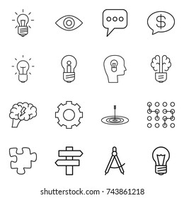 thin line icon set : bulb, eye, message, money, head, brain, gear, target, chip, puzzle, singlepost, draw compass