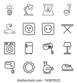 thin line icon set : bulb, table lamp, nuclear power, segway, electric car, socket, iron board, washing machine, fridge, mixer, floor, induction oven, water pump