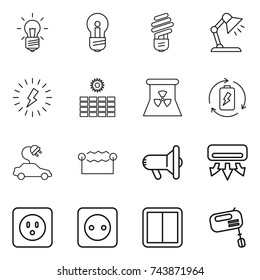 thin line icon set : bulb, table lamp, lightning, sun power, nuclear, battery charge, electric car, electrostatic, megafon, air conditioning, socket, switch, mixer
