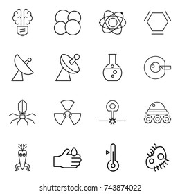 thin line icon set : bulb brain, atom core, hex molecule, satellite antenna, round flask, cell corection, virus, nuclear, laser, lunar rover, dna modify, acid, thermometer, microb