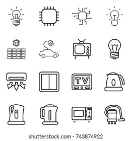 thin line icon set : bulb, chip, sun power, electric car, tv, air conditioning, switch, kettle, microwave oven, vacuum cleaner