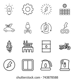 thin line icon set : bulb, gear, lightning, sun power, eco car, hoverboard, battery charge, infinity, spark plug, factory, barrel, motorcycle, electricity, switch, kettle