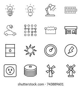thin line icon set : bulb, table lamp, battery, electric car, chip, electrostatic, gas station, barrel, sun, barometer, electricity, power socket, pancakes, windmill
