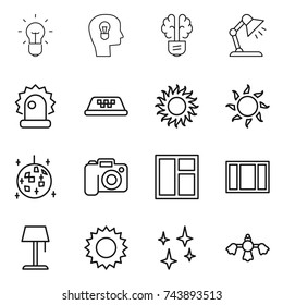thin line icon set : bulb, head, brain, table lamp, alarm, taxi, sun, disco ball, camera, window, floor, shining, hard reach place cleaning