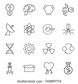 thin line icon set : bulb brain, hex molecule, satellite, antenna, atom, cell corection, virus, dna, round around, nuclear, quantum bond, modify, electrostatic, cardio chip, chemical